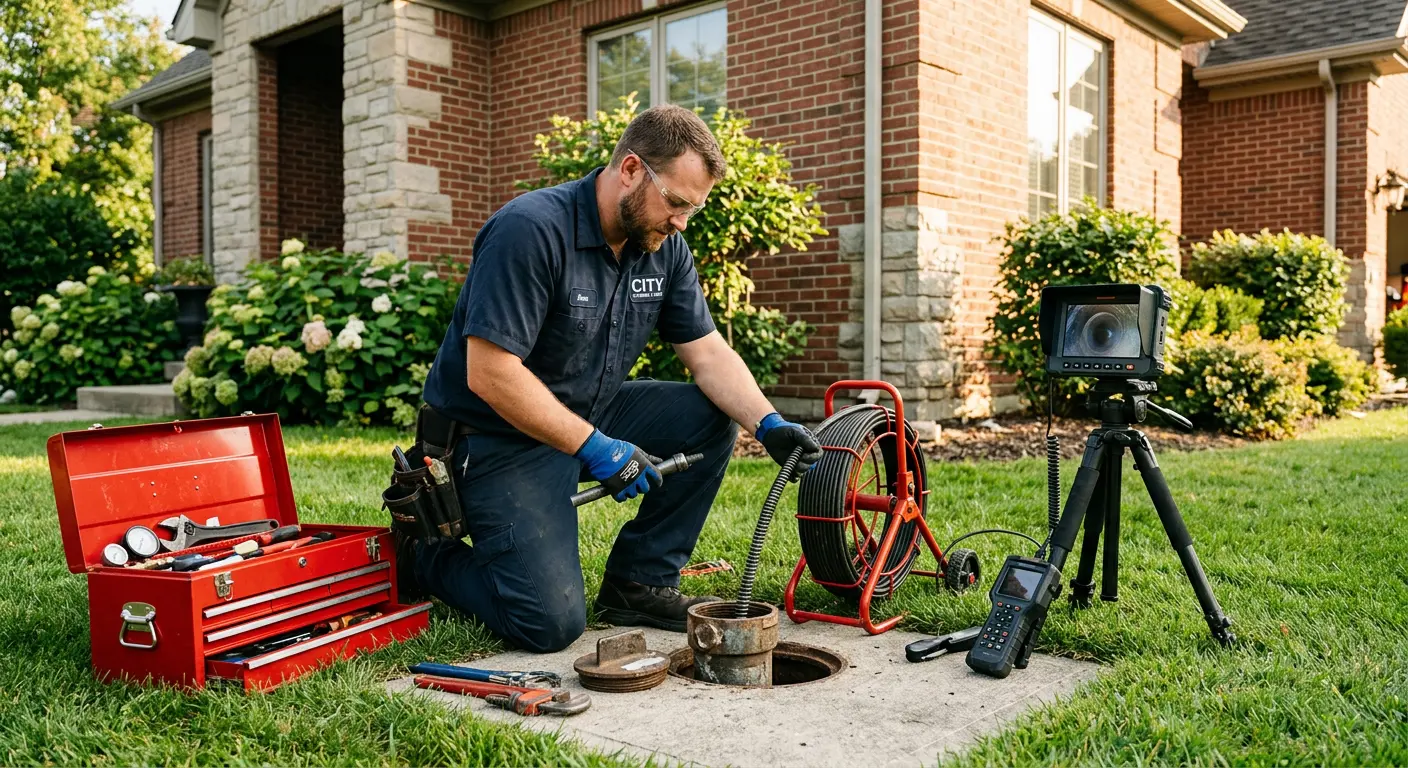 Sewer specialist with camera equipment servicing a cleanout in Sandpoint