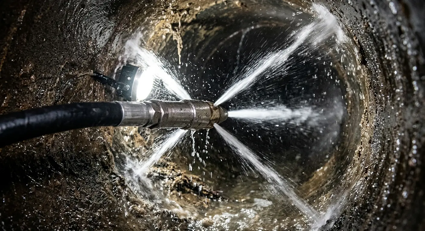 High-pressure hydro jetting nozzle cleaning sewer pipe for Emergency Drain Service in Sandpoint