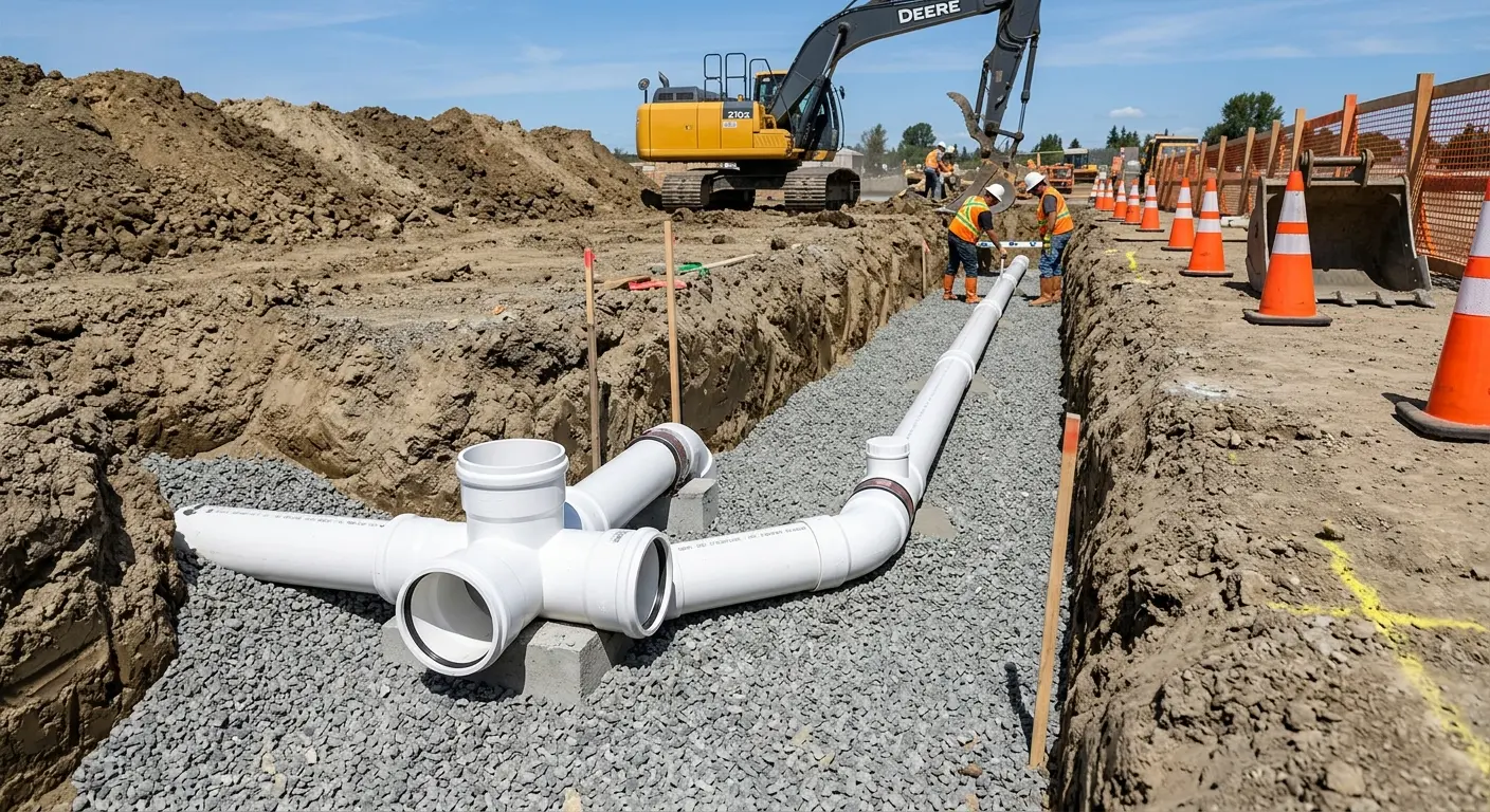 New PVC sewer pipe installation in open trench for Sewer Backup in Sandpoint